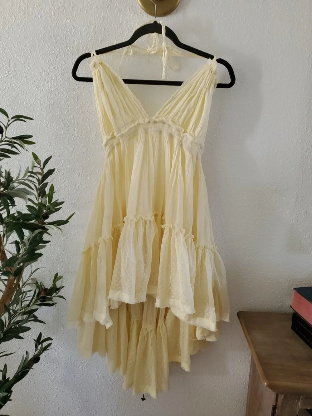 Plunging V-Neck Cream Mini Dress with Tiered Skirt
